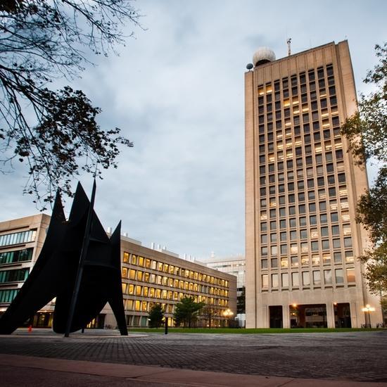 The Green Building and sail at late afternoon, lit rooms creating a warm ambiance.